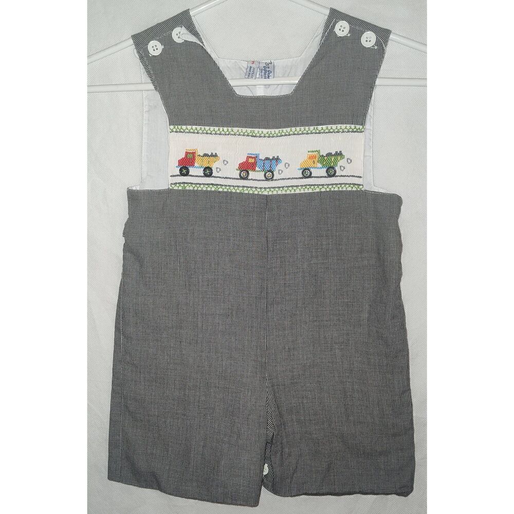 Vintage Hong Kong Romper Orient Express Inc Houndstooth Smocked dump trucks Size